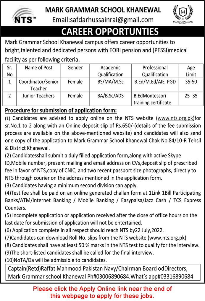 Mark Grammar School Khanewal Jobs 2022 July Teachers NTS Online Apply Latest