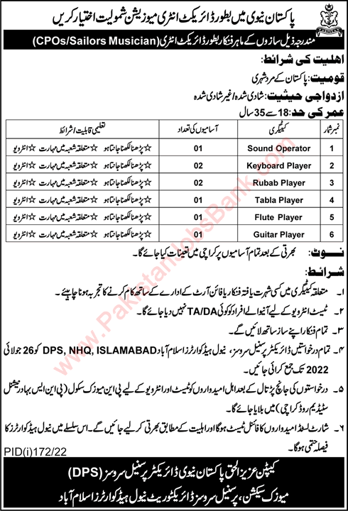 Sailor Musician Jobs in Pakistan Navy 2022 July CPOs Latest