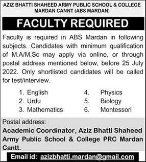 Aziz Bhatti Shaheed Army Public School and College Mardan Jobs 2022 July Teaching Faculty Latest
