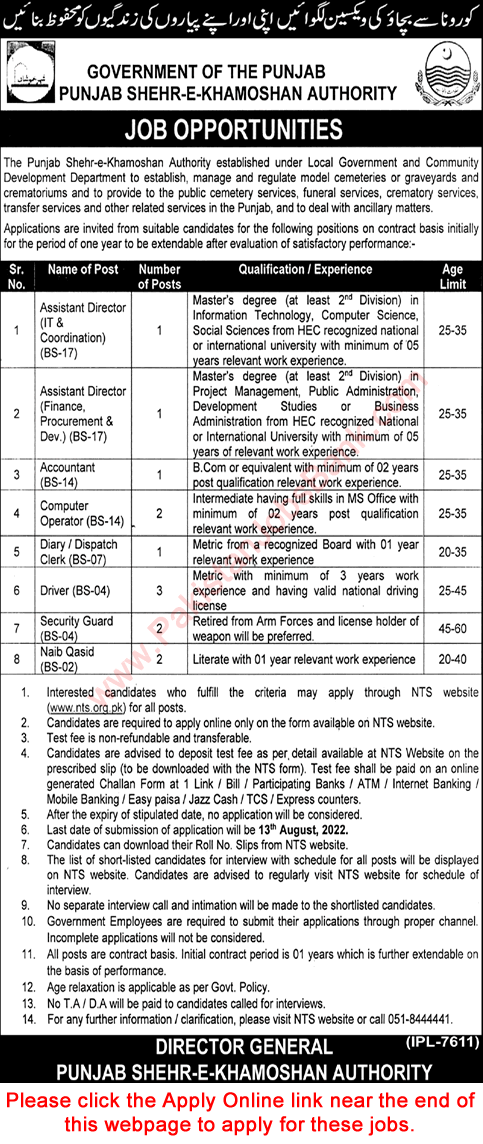 Punjab Shehr-e-Khamoshan Authority Faisalabad Jobs 2022 July NTS Apply Online Drivers & Others Latest