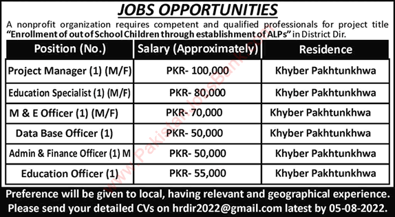 NGO Jobs in KPK July 2022 August Dir Admin / Finance Officer, Education Officer & Others Latest