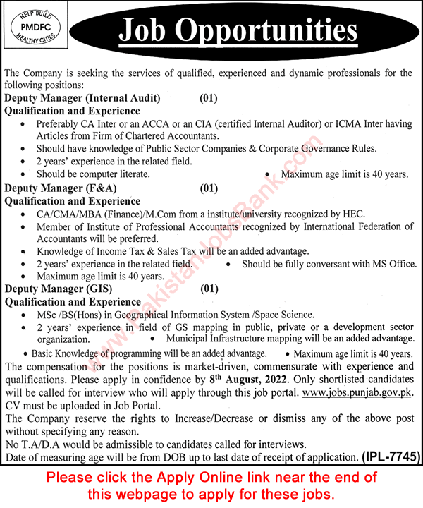 Deputy Manager Jobs in PMDFC Punjab 2022 July / August Apply Online Punjab Municipal Development Fund Company Latest