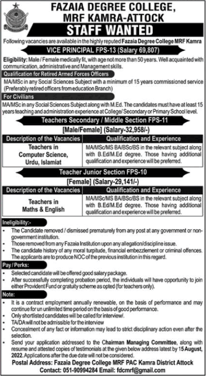 Fazaia Degree College MRF Kamra Jobs 2022 August Teachers & Vice Principal Latest