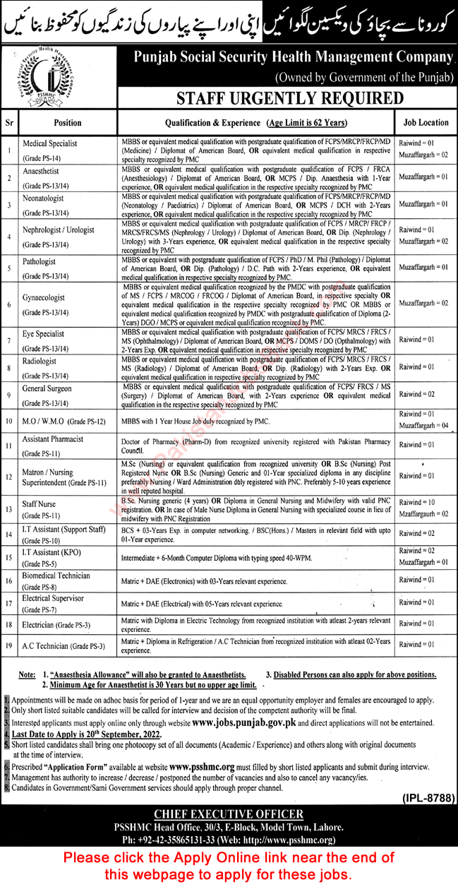 Punjab Social Security Health Management Company Jobs September 2022 Apply Online PSSHMC Hospitals Muzaffargarh / Lahore Latest