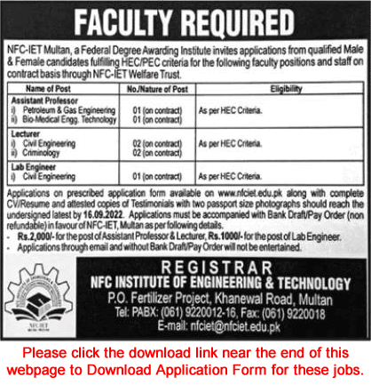 NFC IET Multan Jobs September 2022 Application Form Teaching Faculty & Lab Engineer Latest