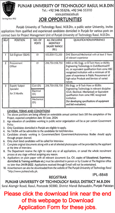 Punjab University of Technology Rasul Jobs 2022 September Application Form Expert / Subject Specialists & Others Latest