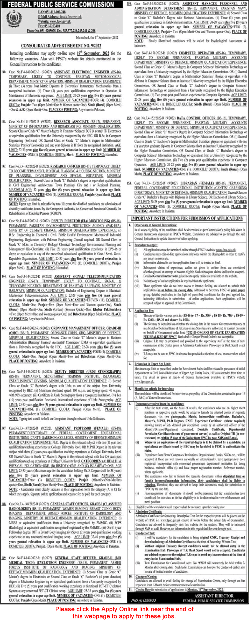FPSC Jobs September 2022 Apply Online Consolidated Advertisement 09/2022 9/2022 Latest