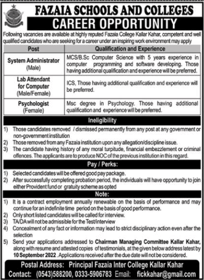 Fazaia Inter College Kallar Kahar Jobs September 2022 System Administrator, Lab Attendant & Psychologist Latest