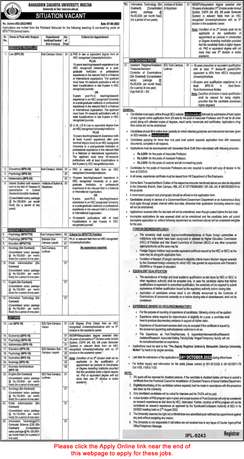 Bahauddin Zakariya University Multan Jobs September 2022 Online Apply Teaching Faculty & Others Latest