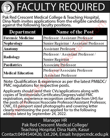 Teaching Faculty Jobs in Pak Red Crescent Medical College and Teaching Hospital Dina Nath Kasur 2022 September Latest