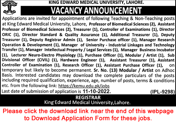 King Edward Medical University Lahore Jobs September 2022 KEMU Application Form Teaching & Others Latest