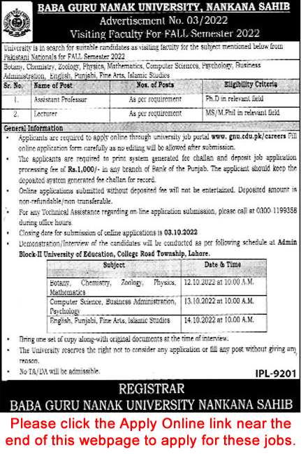 Teaching Faculty Jobs in Baba Guru Nanak University Nankana Sahib 2022 September Apply Online Latest