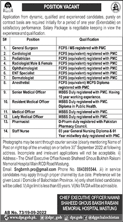 Nawab Shaheed Ghous Bakhsh Raisani Memorial Hospital Mastung Jobs 2022 September Medical Officers & Others Latest