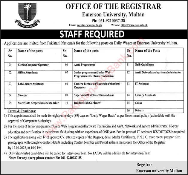 Emerson University Multan Jobs September 2022 Clerks, Assistants & Others Latest