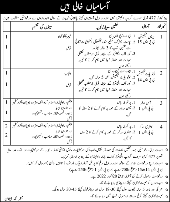 Headquarter 477 Army Survey Group Engineers Rawalpindi Jobs 2022 October Waiters, Sanitary Workers & Others Latest