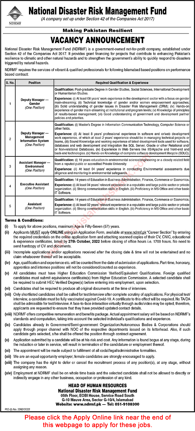 National Disaster Risk Management Fund Jobs October 2022 Apply Online Executive Assistant, Assistant Manager & Others Latest
