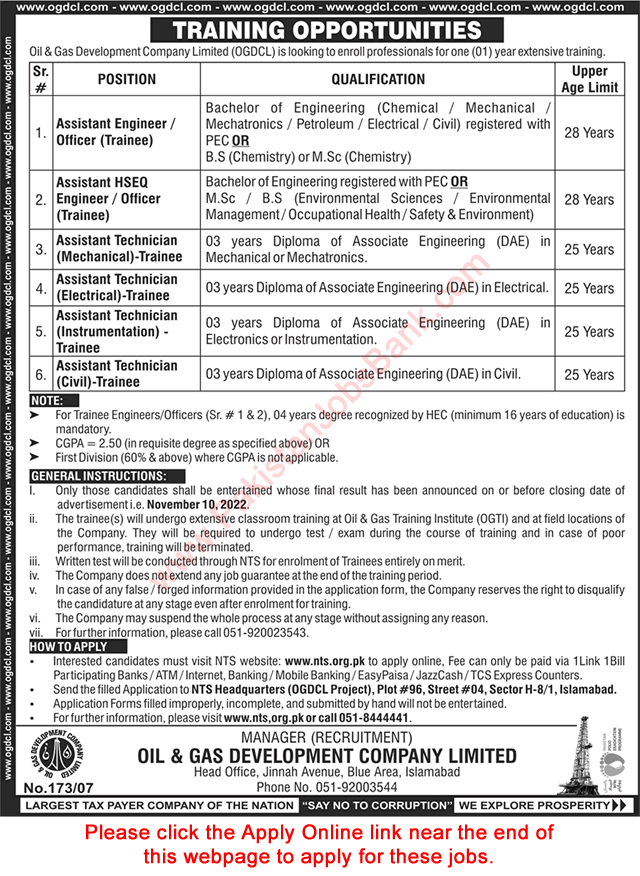 OGDCL Jobs October 2022 NTS Apply Online Trainee Engineers & Technicians Oil and Gas Development Company Limited Latest