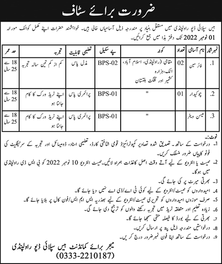 Base Supply Depot Rawalpindi Jobs October 2022 Fireman, Chowkidar & Mess Waiter Latest