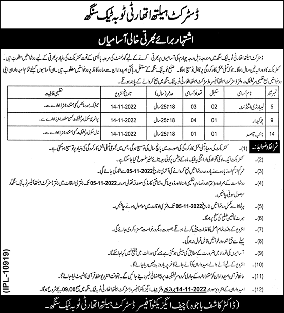 Health Department Toba Tek Singh Jobs October 2022 November Chowkidar, Lab Attendant & Naib Qasid Latest