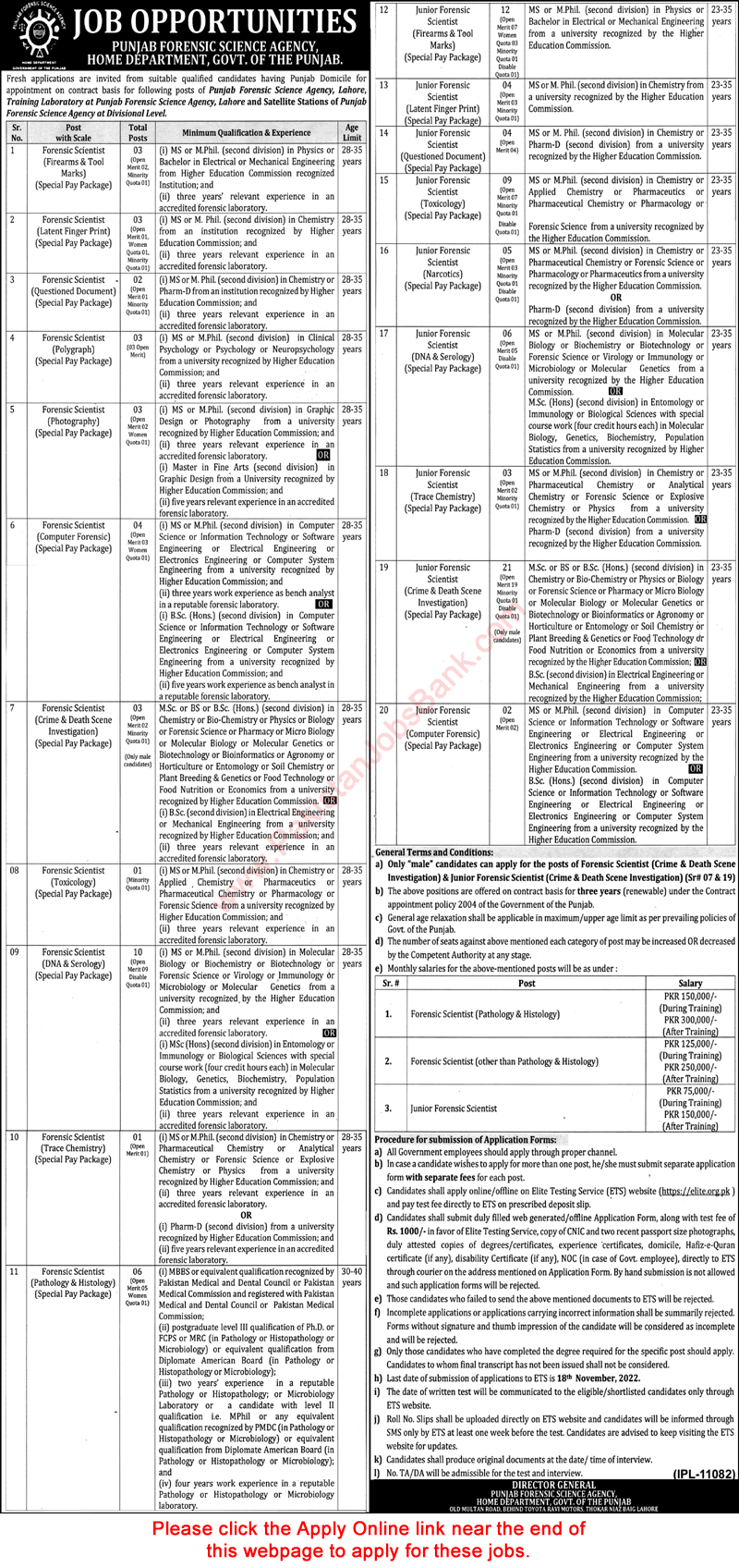 Forensic Scientist Jobs in Punjab Forensic Science Agency November 2022 PFSA ETS Apply Online Latest
