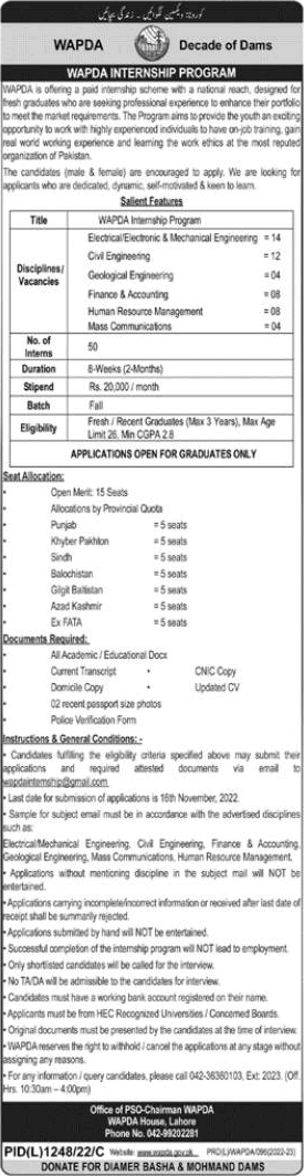 WAPDA Internships November 2022 Water and Power Development Authority Jobs Latest