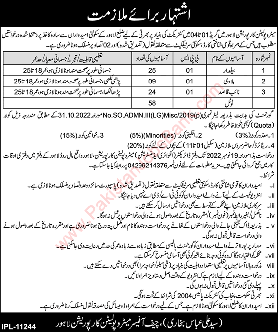 Metropolitan Corporation Lahore Jobs 2022 November Belder, Naib Qasid & Bulavi Latest