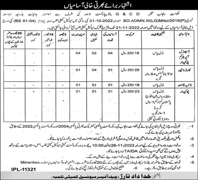 Municipal Committee Tulamba Jobs 2022 November Punjab Disposal Operators, Chowkidar & Others Latest