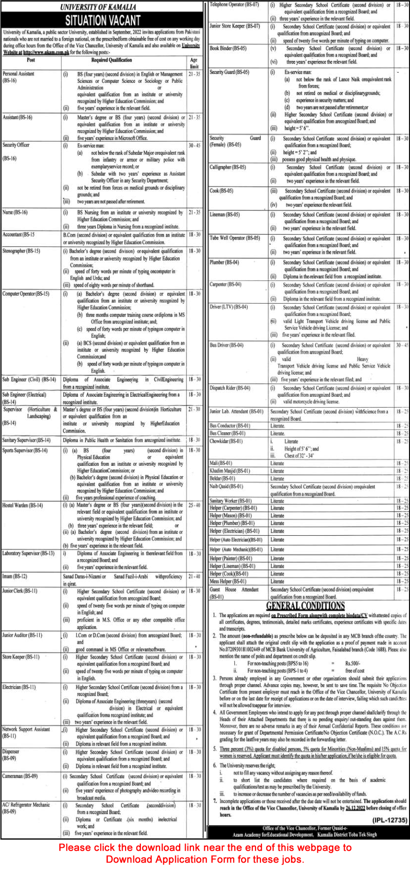 University of Kamalia Jobs 2022 December Application Form Assistants, Helpers & Others Latest