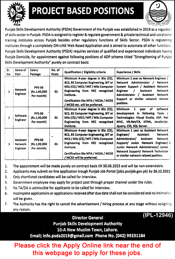 Punjab Skills Development Authority Lahore Jobs 2022 December Apply Online Network & Software Engineers Latest