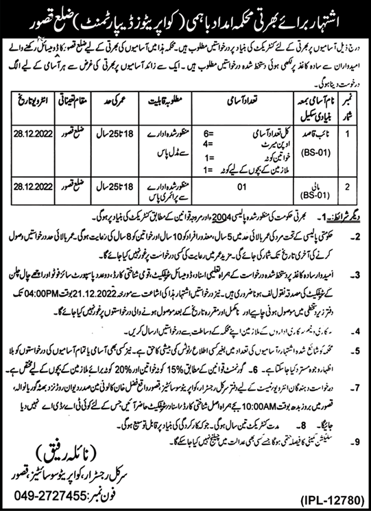 Cooperative Department Kasur Jobs 2022 December Naib Qasid & Mali Latest