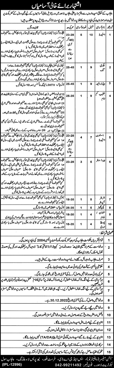 Punjab Civil Secretariat Lahore Jobs December 2022 Stewards & Others Latest