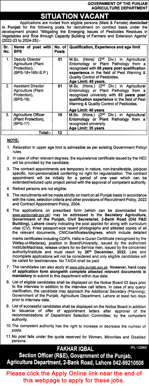 Agriculture Department Punjab Jobs December 2022 Apply Online Agriculture Officers & Others Latest