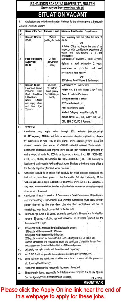 Bahauddin Zakariya University Multan Jobs December 2022 Apply Online Security Guards & Others Latest