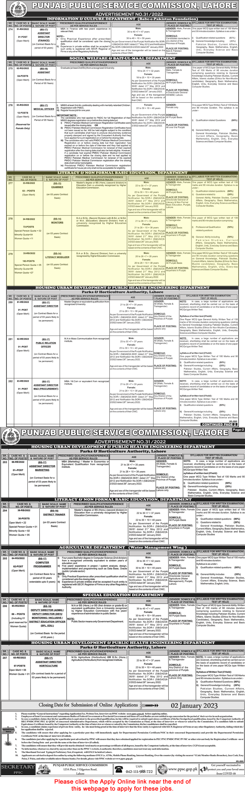 Literacy and Non Formal Basic Education Department Punjab Jobs December 2022 PPSC Online Apply Literacy Mobilizers & Others Latest