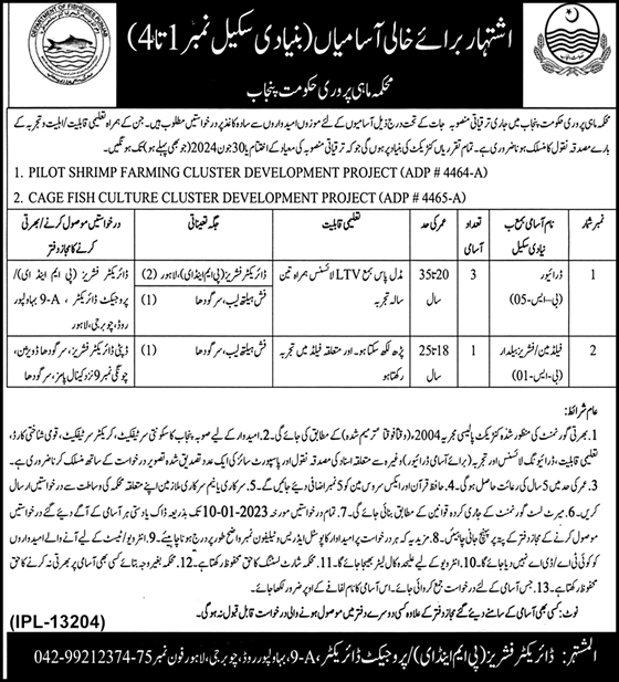 Fisheries Department Punjab Jobs December 2022 Drivers & Fieldman Latest