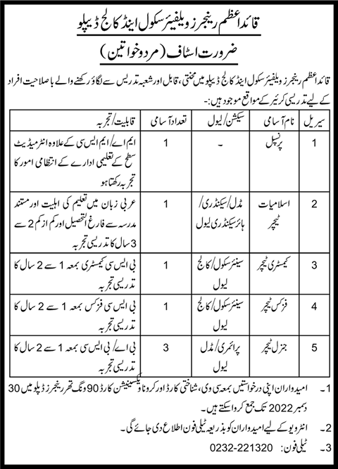 Quaid-e-Azam Rangers Welfare School and College Diplo Jobs 2022 December 2023 Teachers & Principal Latest