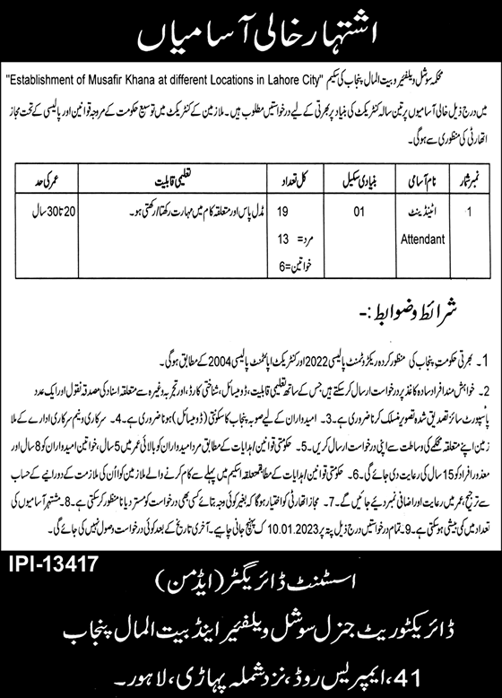 Attendant Jobs in Social Welfare and Bait ul Maal Department Punjab December 2022 / 2023 Latest