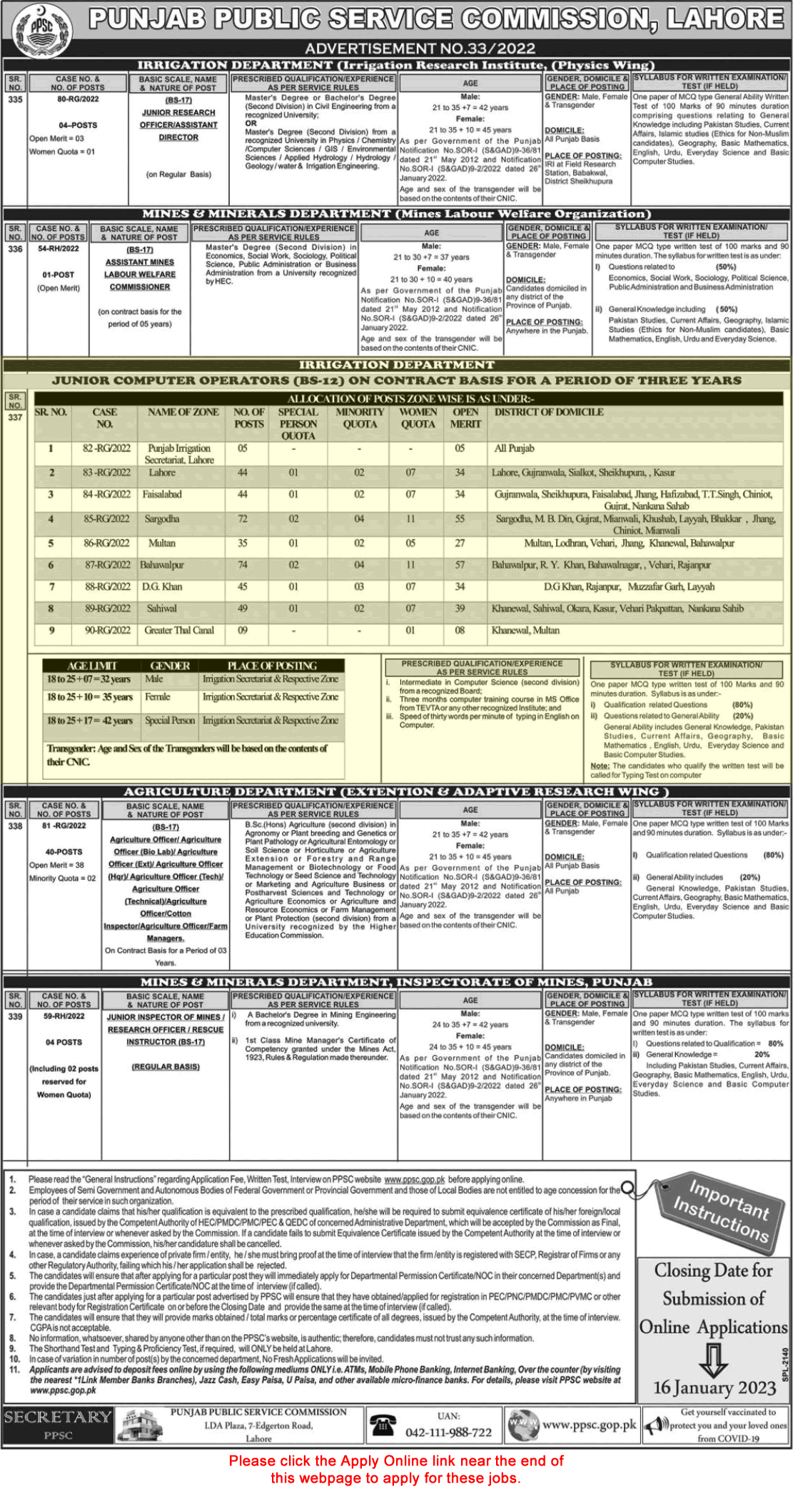 Computer Operator Jobs in Irrigation Department Punjab December 2022 / 2023 PPSC Online Apply Latest