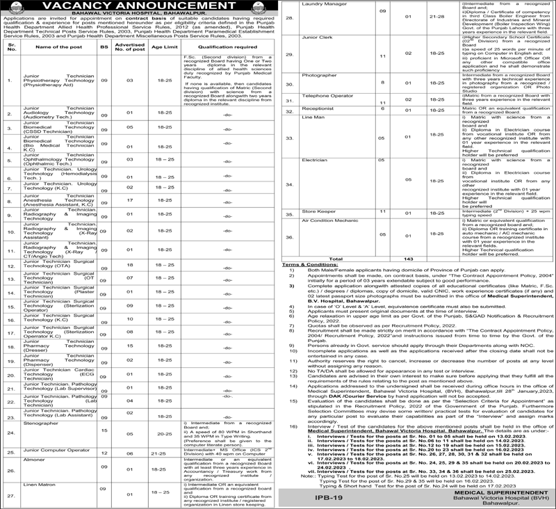 Bahawal Victoria Hospital Bahawalpur Jobs 2023 Medical Technicians & Others Latest