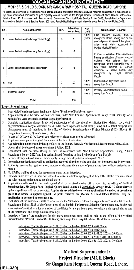 Sir Ganga Ram Hospital Lahore Jobs 2023 Medical Technicians, Aya & Stretcher Bearers Latest