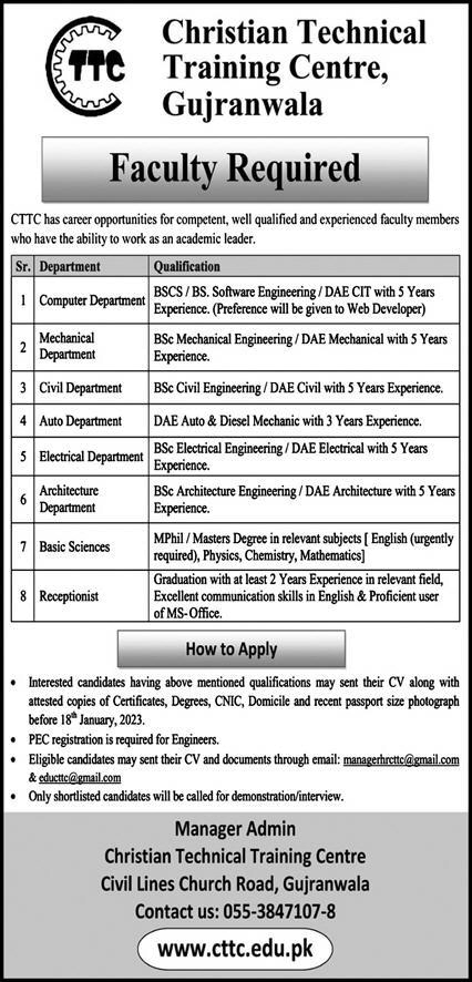 Christian Technical Training Centre Gujranwala Jobs 2023 Teaching Faculty & Receptionist Latest