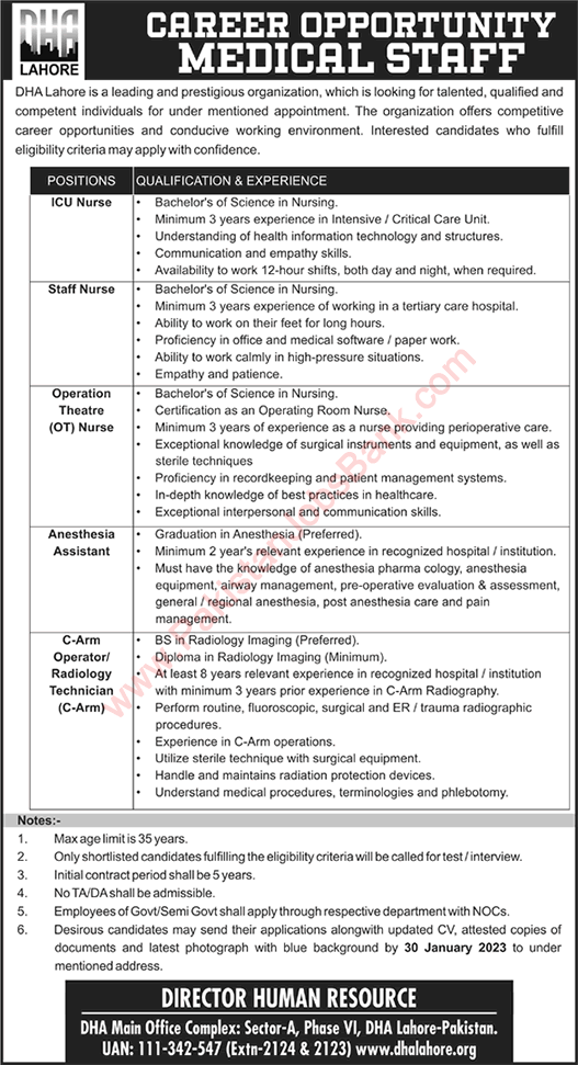 DHA Lahore Jobs 2023 Nurses & Medical Technicians Defence Housing Authority Latest