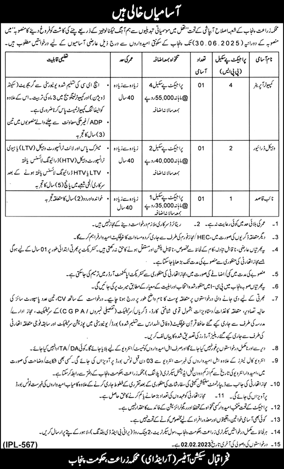 Agriculture Department Punjab Jobs 2023 Computer Operator, Driver & Naib Qasid Latest