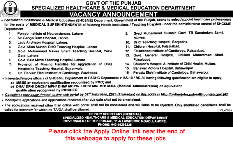 Medical Superintendent Jobs in Specialized Healthcare and Medical Education Department Punjab 2023 Apply Online Latest