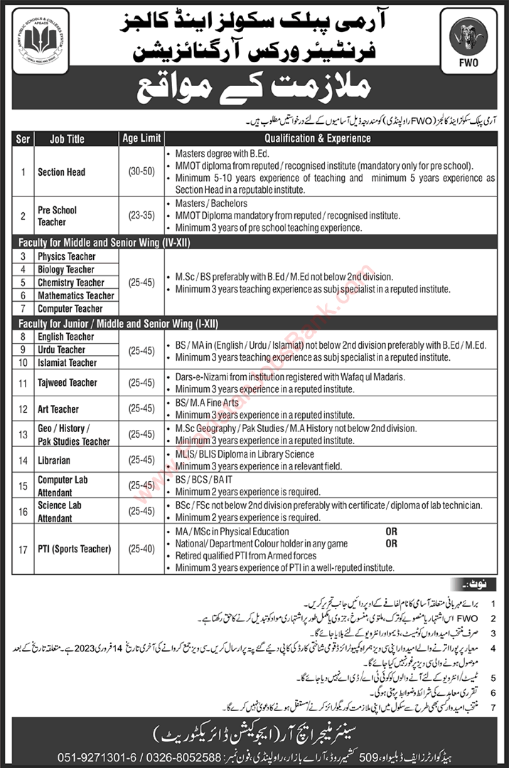 Army Public Schools and Colleges Rawalpindi Jobs 2023 FWO Teachers & Others Latest