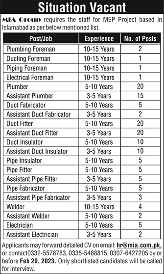 MIA Group Islamabad Jobs 2023 February Assistant Plumbers, Pipe Fitters & Others Latest