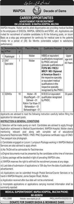 WAPDA Hospital Multan Jobs 2023 February Medical Officers & Specialist Doctors Latest