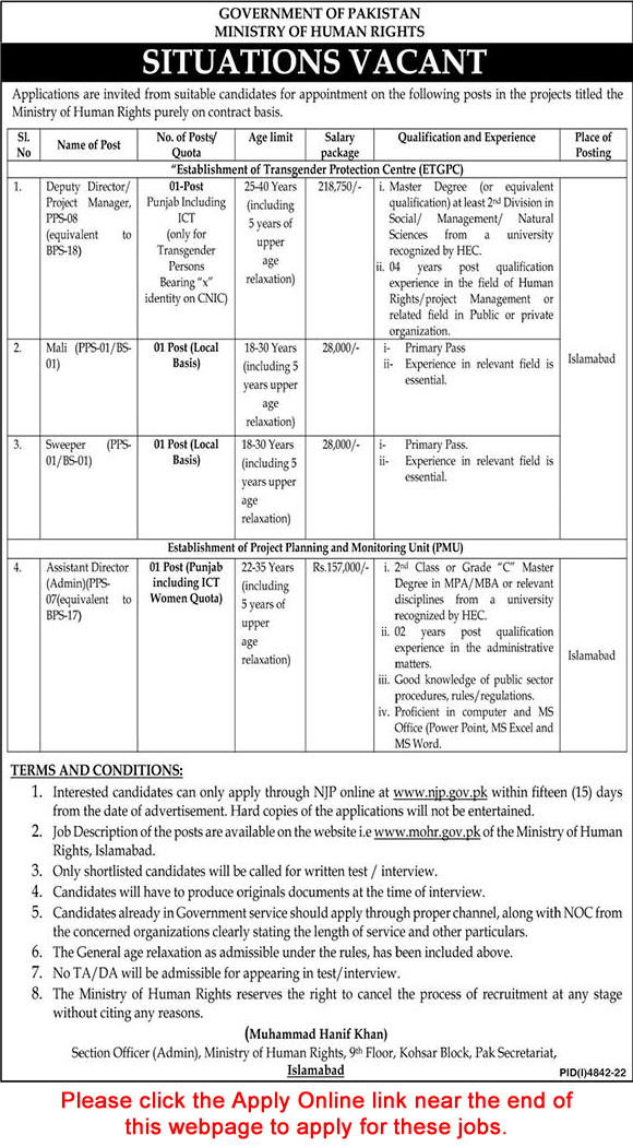 Ministry of Human Rights Islamabad Jobs 2023 February Apply Online Assistant Director & Others Latest