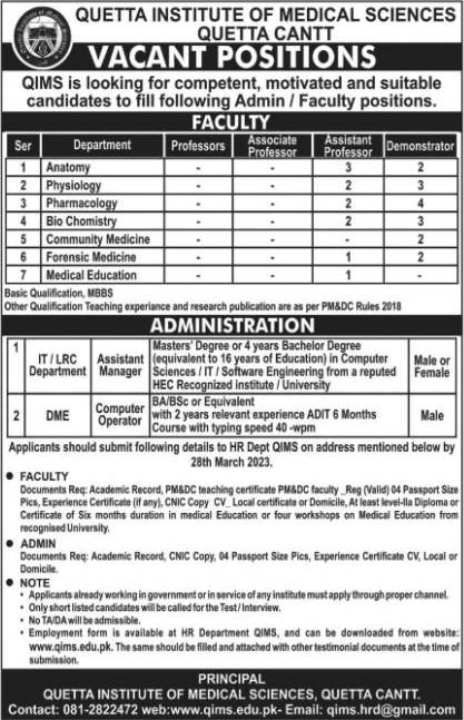 Quetta Institute of Medical Sciences Jobs 2023 March Teaching Faculty & Others QIMS Latest