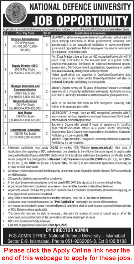 National Defence University Islamabad Jobs 2023 March Apply Online Research Associate, Web Master & Others Latest